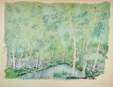  Federica Galli  (Soresina, 1932 - Milano, 2009) : Paesaggio con bosco e fiume.  - Asta Libri & Grafica - Libreria Antiquaria Gonnelli - Casa d'Aste - Gonnelli Casa d'Aste