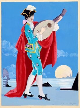  Umberto Brunelleschi  (Montemurlo, 1879 - Parigi, 1949) : Figura femminile in costume veneziano che suona il mandolino.  - Asta Libri & Grafica - Libreria Antiquaria Gonnelli - Casa d'Aste - Gonnelli Casa d'Aste