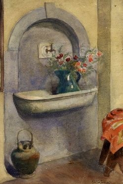  Adolfo Tommasi  (Livorno, 1851 - Firenze, 1933) : Fontanella con fiori.  - Asta Grafica & Libri - Libreria Antiquaria Gonnelli - Casa d'Aste - Gonnelli Casa d'Aste