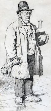  Francesco Vinea  (Forl, 1845 - Firenze, 1902) : Personaggio con tromba e bottiglia di vino.  - Asta Grafica & Libri - Libreria Antiquaria Gonnelli - Casa d'Aste - Gonnelli Casa d'Aste