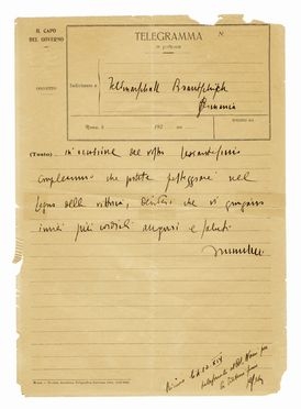  Mussolini Benito : Telegramma autografo firmato inviato ad un feldmaresciallo in Germania.  - Asta Grafica & Libri - Libreria Antiquaria Gonnelli - Casa d'Aste - Gonnelli Casa d'Aste