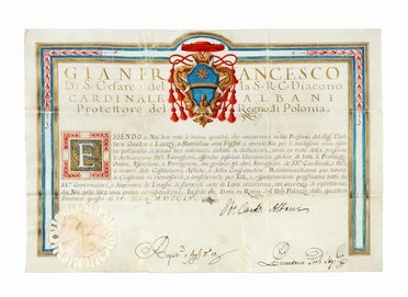  Albani Alessandro (cardinale) : Pergamena con firma autografa.  - Asta Grafica & Libri - Libreria Antiquaria Gonnelli - Casa d'Aste - Gonnelli Casa d'Aste