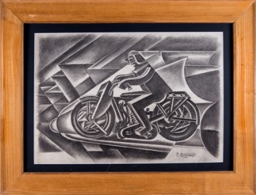  Fortunato Depero  (Fondo, 1892 - Rovereto, 1960) : Il motociclista.  - Asta Stampe, disegni e dipinti antichi, moderni e contemporanei - Libreria Antiquaria Gonnelli - Casa d'Aste - Gonnelli Casa d'Aste