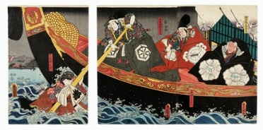  Utagawa Kunisada I (Toyokuni III)  (Edo, 1786 - 1865) : Uomini su una barca e giovane donna appesa a un remo.  - Auction Prints, drawings & paintings | Old master, modern and contemporary art - Libreria Antiquaria Gonnelli - Casa d'Aste - Gonnelli Casa d'Aste