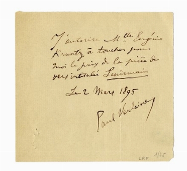  Verlaine Paul : Biglietto autografo firmato.  - Asta Libri, autografi e manoscritti - Libreria Antiquaria Gonnelli - Casa d'Aste - Gonnelli Casa d'Aste