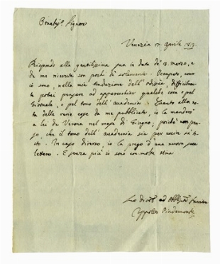  Pindemonte Ippolito : Lettera autografa firmata.  - Asta Libri, autografi e manoscritti - Libreria Antiquaria Gonnelli - Casa d'Aste - Gonnelli Casa d'Aste