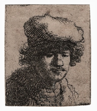  Rembrandt Harmenszoon van Rijn  (Leida,, 1606 - Amsterdam,, 1669) : Autoritratto con cappello tirato in avanti.  - Asta Arte antica, moderna e contemporanea - Libreria Antiquaria Gonnelli - Casa d'Aste - Gonnelli Casa d'Aste