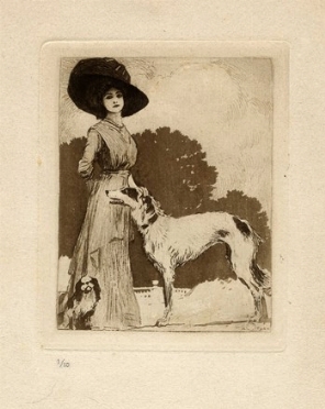  Aleardo Terzi  (Palermo, 1870 - Castelletto sopra Ticino, 1943) : Donna con due cani.  - Asta Arte Antica, Moderna e Contemporanea - PARTE II - Libreria Antiquaria Gonnelli - Casa d'Aste - Gonnelli Casa d'Aste