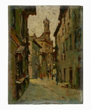  Luigi Gioli  (S.Frediano a Settimo, 1854 - Firenze, 1927) [attribuito a] : Il paese.  - Auction Modern and Contemporary Art [TIMED AUCTION - SECOND PART] - Libreria Antiquaria Gonnelli - Casa d'Aste - Gonnelli Casa d'Aste