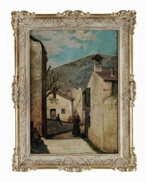  Odoardo Borrani  (Pisa, 1833 - Firenze, 1905) : Scorcio di paese con figure.  - Auction Modern and Contemporary Art [II Part ] - Libreria Antiquaria Gonnelli - Casa d'Aste - Gonnelli Casa d'Aste