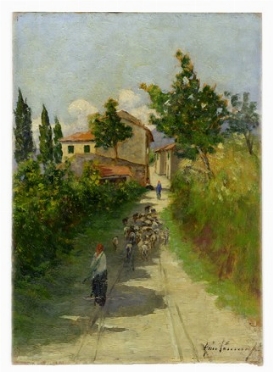  Gino Tommasi  (Livorno, 1880 - 1942) : Figure sul viale.  - Asta Arte Moderna e Contemporanea [Parte II] - Libreria Antiquaria Gonnelli - Casa d'Aste - Gonnelli Casa d'Aste