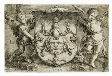  Lucas Van Leyden  (Leida,, 1494 - 1533) : Stemma con maschera sorretto da due geni.  - Asta Arte Antica [Parte I] - Libreria Antiquaria Gonnelli - Casa d'Aste - Gonnelli Casa d'Aste