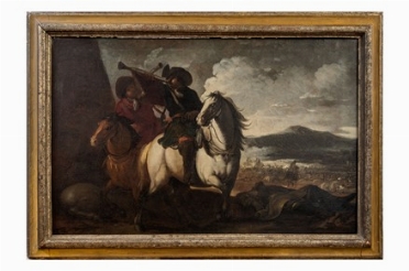  Pier Ilario Spolverini  (Parma, 1657 - 1734) : Trombettieri a cavallo con battaglia sullo sfondo.  - Asta Arte Antica [Parte I] - Libreria Antiquaria Gonnelli - Casa d'Aste - Gonnelli Casa d'Aste
