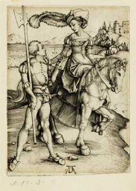  Albrecht Drer  (Norimberga,, 1471 - 1528) : Dama a cavallo e lanzichenecco.  -  [..]