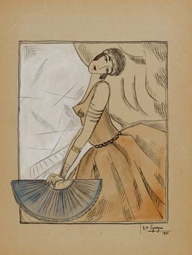  Georges Lepape  (Parigi, 1887 - Bonneval, 1971) : Giovane donna con ventaglio.  - Auction Prints and Drawings from XVI to XX century - Libreria Antiquaria Gonnelli - Casa d'Aste - Gonnelli Casa d'Aste