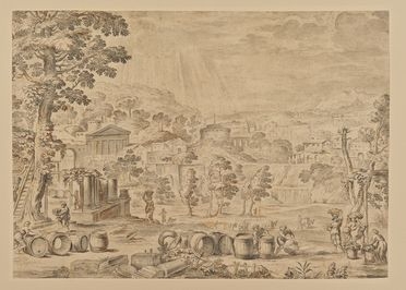 Paesaggio immaginario con raccoglitori d'uva.  - Auction Prints and Drawings from XVI to XX century - Libreria Antiquaria Gonnelli - Casa d'Aste - Gonnelli Casa d'Aste