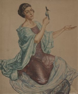  Ivo Saliger  (Knigsberg, 1894 - Vienna, 1987) : Ritratto di signora con uccellino.  - Asta Stampe e Disegni - Libreria Antiquaria Gonnelli - Casa d'Aste - Gonnelli Casa d'Aste