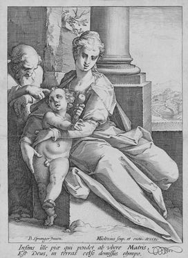  Hendrik Goltzius  (Mhlbracht,, 1558 - Haarlem,, 1617) : Sacra Famiglia davanti alla colonna.  - Auction Prints and Drawings - Libreria Antiquaria Gonnelli - Casa d'Aste - Gonnelli Casa d'Aste