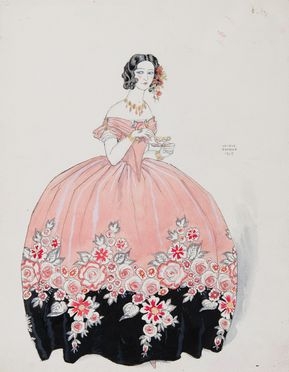  George Barbier  (Nantes, 1882 - Parigi, 1932) : La tasse de thé. Séraphine en rose et noir.  - Auction Prints and Drawings - Libreria Antiquaria Gonnelli - Casa d'Aste - Gonnelli Casa d'Aste