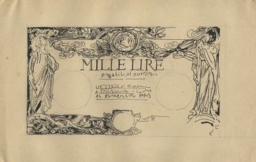  Adolfo De Carolis  (Montefiore dell'Aso, 1874 - Roma, 1928) : Studio per la banconota delle Mille Lire.  - Auction Prints, Drawings, Maps and Views - Libreria Antiquaria Gonnelli - Casa d'Aste - Gonnelli Casa d'Aste