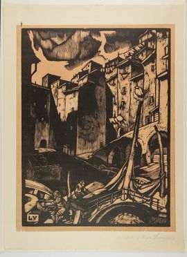  Ugo Lucerni  (Parma, 1900 - Firenze, 1989) : Porticciolo con pescatori.  - Auction Prints, Drawings, Maps and Views - Libreria Antiquaria Gonnelli - Casa d'Aste - Gonnelli Casa d'Aste