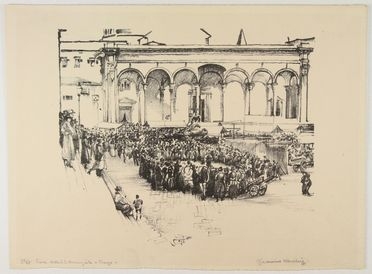  Giannino Marchig  (Trieste, 1897 - Ginevra, 1983) : Fiera in piazza SS. Annunziata.  - Auction Prints, Drawings, Maps and Views - Libreria Antiquaria Gonnelli - Casa d'Aste - Gonnelli Casa d'Aste