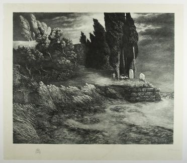  Carlo Bcklin  (Basilea, 1870 - Firenze, 1934) [da] : Paesaggio con cipressi.  - Auction Prints, Drawings, Maps and Views - Libreria Antiquaria Gonnelli - Casa d'Aste - Gonnelli Casa d'Aste