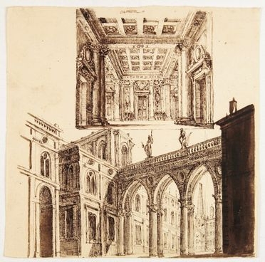  Venetian school, 18th century : Foglio con due studi di scenografia.  - Auction Prints, Drawings, Maps and Views - Libreria Antiquaria Gonnelli - Casa d'Aste - Gonnelli Casa d'Aste