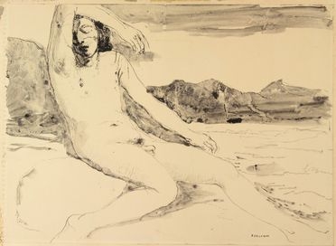  Paul Delvaux  (Antheit, 1897 - Veurne, 1994) : Le poète au bord de la mer.  - Auction Prints, Drawings, Maps and Views - Libreria Antiquaria Gonnelli - Casa d'Aste - Gonnelli Casa d'Aste