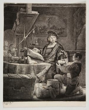  Rembrandt Harmenszoon van Rijn  (Leida,, 1606 - Amsterdam,, 1669) : Il cambiavaluta.  - Asta Stampe, disegni, carte geografiche e vedute - Libreria Antiquaria Gonnelli - Casa d'Aste - Gonnelli Casa d'Aste