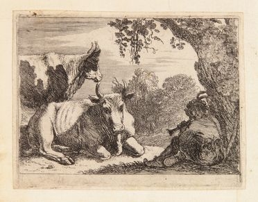  Herman (van) Swanevelt  (Woerden,  - Parigi, 1655) : Paesaggio con mucche e pastore che suona.  - Auction Prints, Drawings, Maps and Views - Libreria Antiquaria Gonnelli - Casa d'Aste - Gonnelli Casa d'Aste