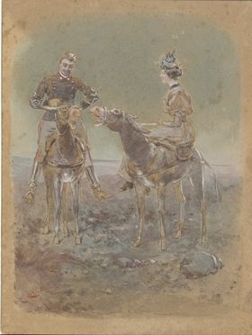  Carlo Chiostri  (Firenze, 1863 - 1939) : Ufficiale e dama a cavallo di ciuchi.  - Auction Prints and Drawings - Libreria Antiquaria Gonnelli - Casa d'Aste - Gonnelli Casa d'Aste