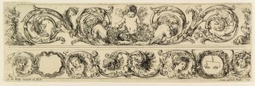  Stefano Della Bella  (Firenze, 1610 - 1664) : Cartiglio con due fregi ornamentali con fogliami e figure.  - Auction Prints and Drawings - Libreria Antiquaria Gonnelli - Casa d'Aste - Gonnelli Casa d'Aste