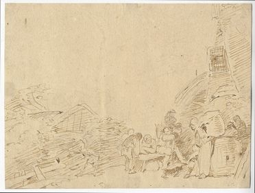  Nicolaes Maes  (Dordrecht, 1634 - Amsterdam, 1693) : Schizzo di figure in un paesaggio rurale.  - Auction Prints and Drawings - Libreria Antiquaria Gonnelli - Casa d'Aste - Gonnelli Casa d'Aste