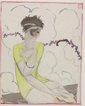  Georges Lepape  (Parigi, 1887 - Bonneval, 1971) : Fanciulla con tralcio floreale.  - Auction BOOKS, MANUSCRIPTS, PRINTS AND DRAWINGS - Libreria Antiquaria Gonnelli - Casa d'Aste - Gonnelli Casa d'Aste