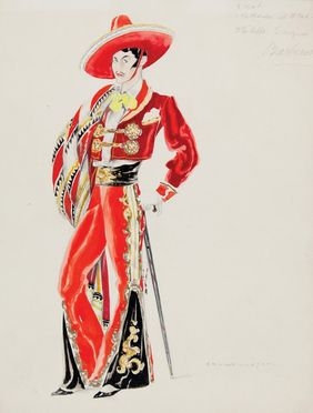  Umberto Brunelleschi  (Montemurlo, 1879 - Parigi, 1949) : Figurino teatrale maschile in abito messicano.  - Auction BOOKS, MANUSCRIPTS, PRINTS AND DRAWINGS - Libreria Antiquaria Gonnelli - Casa d'Aste - Gonnelli Casa d'Aste