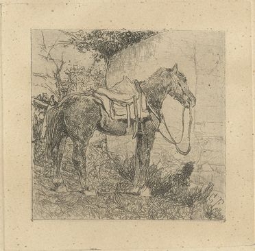  Giovanni Fattori  (Livorno, 1825 - Firenze, 1908) : Cavallo in attesa.  - Auction BOOKS, MANUSCRIPTS, PRINTS AND DRAWINGS - Libreria Antiquaria Gonnelli - Casa d'Aste - Gonnelli Casa d'Aste