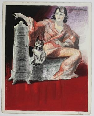  Virginio Bianchi  (Massarosa, 1899 - 1970) : Donna con gatto vicino a una stufa.  - Asta Asta a tempo: Stampe & disegni - Libreria Antiquaria Gonnelli - Casa d'Aste - Gonnelli Casa d'Aste