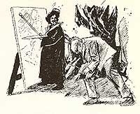 Disegno di Piero Bernardini raffigurante Aldo Gonnelli che raccoglie il pennello dellartista.