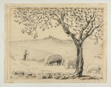  Raffaele De Grada  (Milano, 1885 - 1957) : Paesaggio con pecore e sullo sfondo S. Gimignano.  - Asta Manoscritti, Libri, Autografi, Stampe & Disegni - Libreria Antiquaria Gonnelli - Casa d'Aste - Gonnelli Casa d'Aste