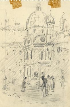  Filippo De Pisis  (Ferrara, 1896 - Brugherio, 1956) : Scorcio di città con chiesa.  - Asta Libri, Grafica - Libreria Antiquaria Gonnelli - Casa d'Aste - Gonnelli Casa d'Aste