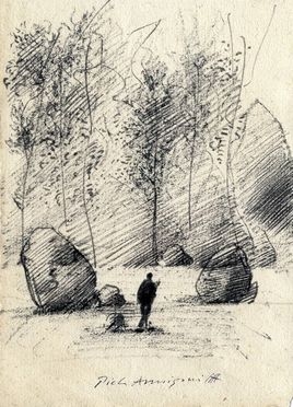  Pietro Annigoni  (Milano, 1910 - Firenze, 1988) : Paesaggio con figura.  - Asta Libri, Grafica - Libreria Antiquaria Gonnelli - Casa d'Aste - Gonnelli Casa d'Aste