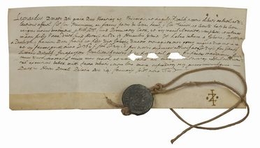 Documento pergamenaceo con sigillo in piombo 'Leonardus Donato'.  - Asta Libri, Grafica - Libreria Antiquaria Gonnelli - Casa d'Aste - Gonnelli Casa d'Aste