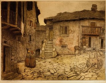  Augusto Baracchi  (Modena, 1878 - Milano, 1942) : Piazzetta di paese.  - Asta Grafica, Dipinti ed Oggetti d'Arte dal XV al XX secolo - Libreria Antiquaria Gonnelli - Casa d'Aste - Gonnelli Casa d'Aste