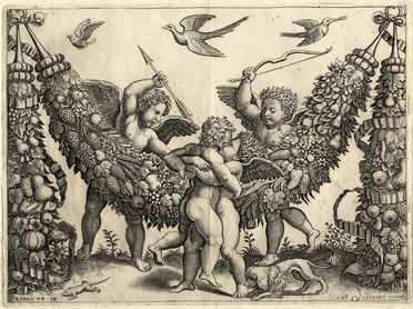  Maestro del Dado  (attivo a Roma,  - 1560) : Amorini in lotta.  - Asta Grafica, Dipinti ed Oggetti d'Arte dal XV al XX secolo - Libreria Antiquaria Gonnelli - Casa d'Aste - Gonnelli Casa d'Aste