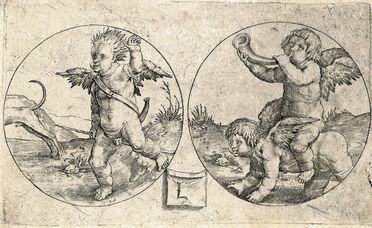  Lucas Van Leyden  (Leida,, 1494 - 1533) : Due medaglioni con putti e corno da caccia.  - Asta Grafica, Dipinti ed Oggetti d'Arte dal XV al XX secolo - Libreria Antiquaria Gonnelli - Casa d'Aste - Gonnelli Casa d'Aste