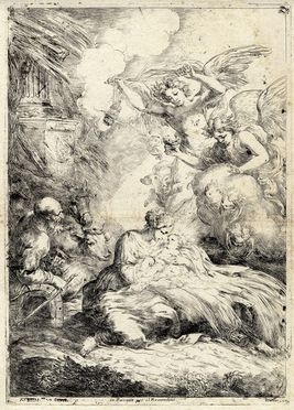  Bartolomeo Biscaino  (Genova,  - 1657) : Natività con angeli.  - Asta Grafica, Dipinti ed Oggetti d'Arte dal XV al XX secolo - Libreria Antiquaria Gonnelli - Casa d'Aste - Gonnelli Casa d'Aste