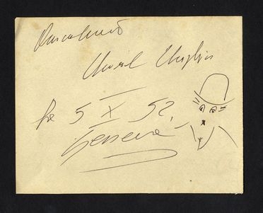  Charlie Chaplin  (Londra, 1889 - Corsier-sur-Vevey, 1977) : Biglietto con invio autografo e il tipico autoritratto come Charlot.  - Asta Grafica, Dipinti ed Oggetti d'Arte dal XV al XX secolo - Libreria Antiquaria Gonnelli - Casa d'Aste - Gonnelli Casa d'Aste