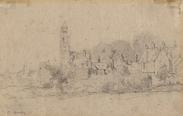  Eugne-Louis Boudin  (Honfleur, 1824 - 1898, ) : Paesaggio con case e campanile.  - Auction Paintings, Prints, Drawings and Fine Art - Libreria Antiquaria Gonnelli - Casa d'Aste - Gonnelli Casa d'Aste