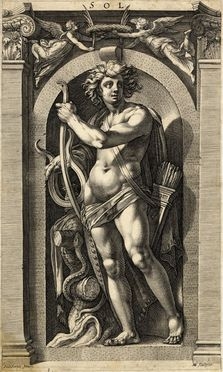  Hendrik Goltzius  (Mühlbracht, 1558 - Haarlem, 1617) : Sol (Apollo). Da Polidoro da Caravaggio.  - Asta Grafica, Dipinti ed Oggetti d'Arte dal XV al XX secolo - Libreria Antiquaria Gonnelli - Casa d'Aste - Gonnelli Casa d'Aste